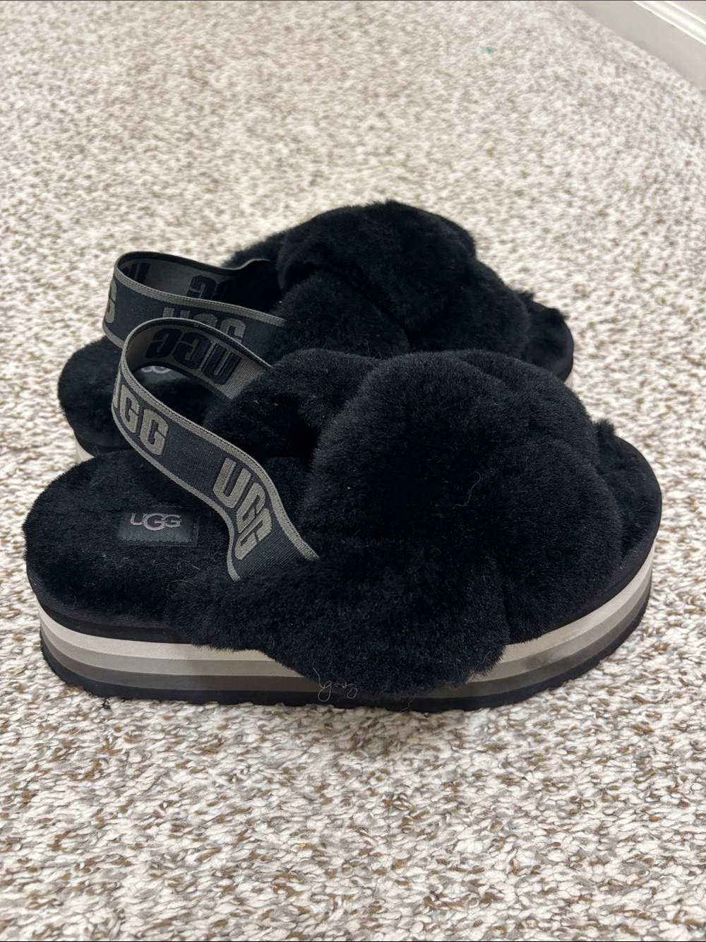 UGG Black Plush Crossover Platform Slingback Slides 7